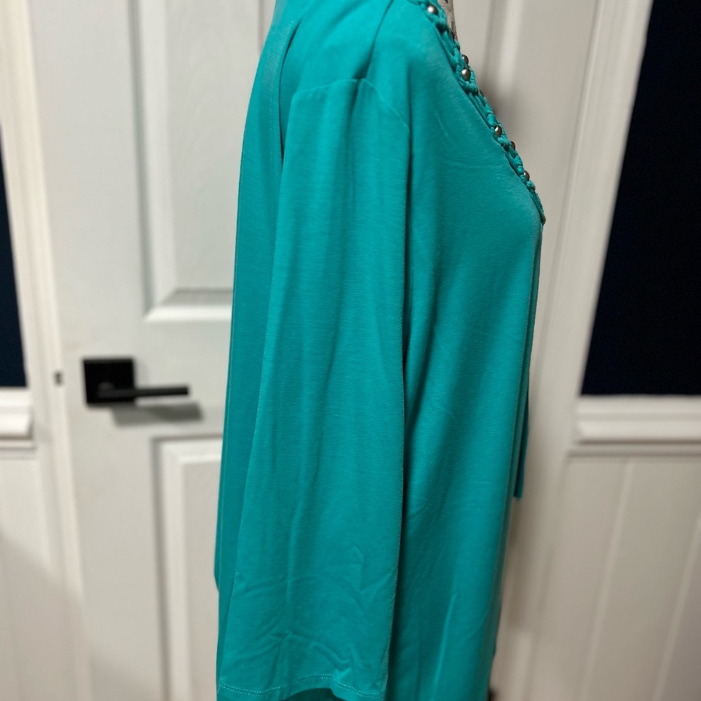 Ruby Rd. Turquoise V-Neck Tunic with Fringe - Picture 2 of 5